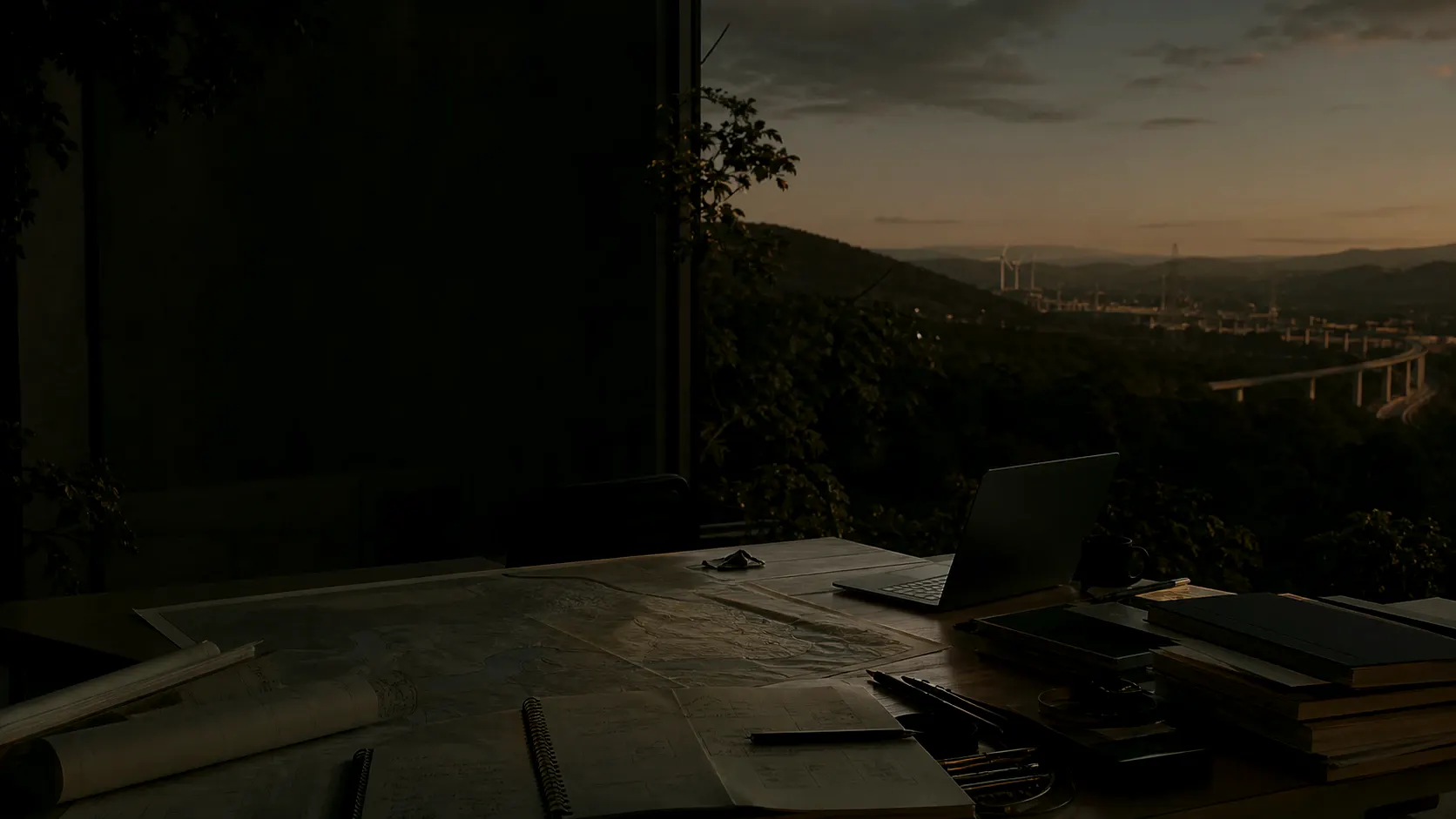 Environmental planning workspace overlooking wind turbines, infrastructure, and hills at dusk